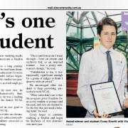 James Morlino presenting Corey Everett the award for Most Outstanding Senior VCAL Student 2015 at Federation Square in Melbourne